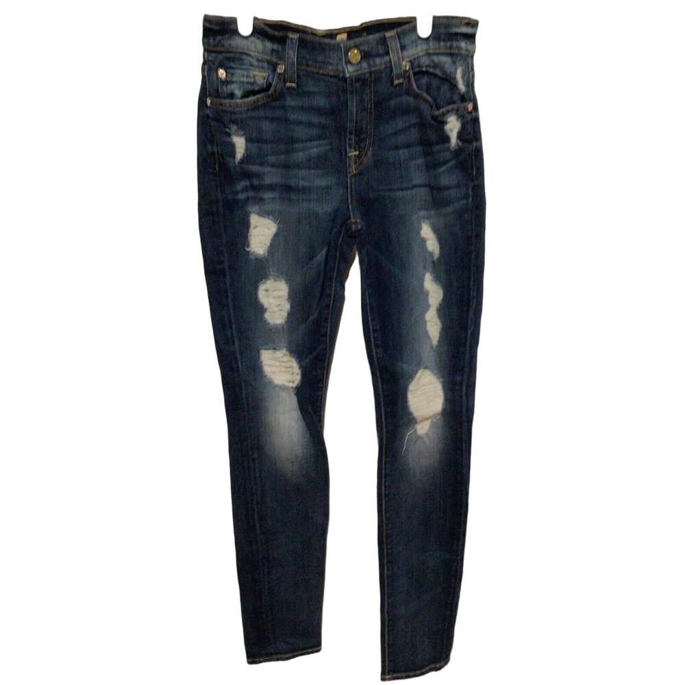 7 For All Mankind Women's The Skinny Distressed Blue Jeans Size 26x30 Mid Rise
